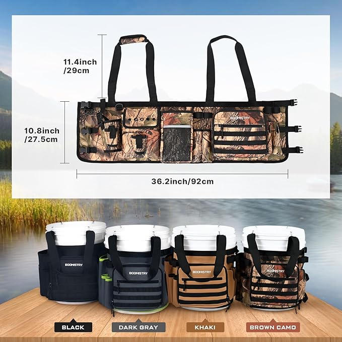 Boomistry Fishing Bucket Organizer for 5 Gallon Bucket Accessories, Fishing Tackle Bag with Adjustable Buckle, Fishing Rod Bag with 15 Multi-Pockets for Fishing Gear and Equipment (Brown Camo)