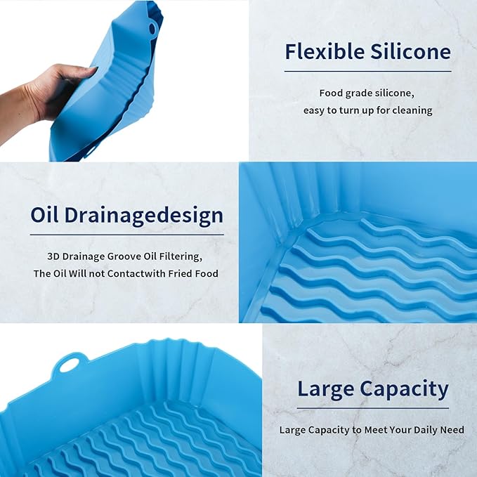 Boribim 9 Inch Large Air Fryer Silicone Liners - 2 PCS Square Reusable AirFryer Basket Liners for 5-8QT Air fryer, Air fryer Accessories for Baking Roasting Microwave (Red + Blue)