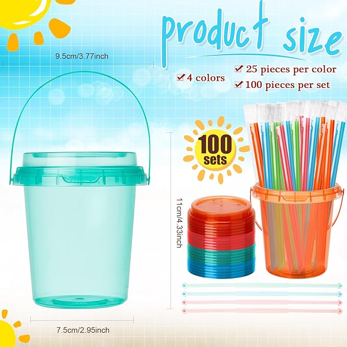 Funnymoom 100 Set 24oz Disposable Plastic Drink Buckets with Lids and Straws Pastel Iced Coffee Cups Rum Buckets for Cocktail Parties Smoothie Cup Bulk with Handles for Beach Pool Party Supplies