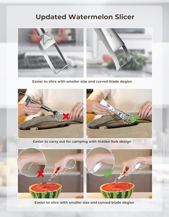 CripsTaste Watermelon Cutter with Retractable Fork, 2-in-1 Stainless Steel Fruit Cutter Watermelon Cutter Slicer Tool, Melon Slicer Cutter Tool for Home Party Camping Kitchen Gadget