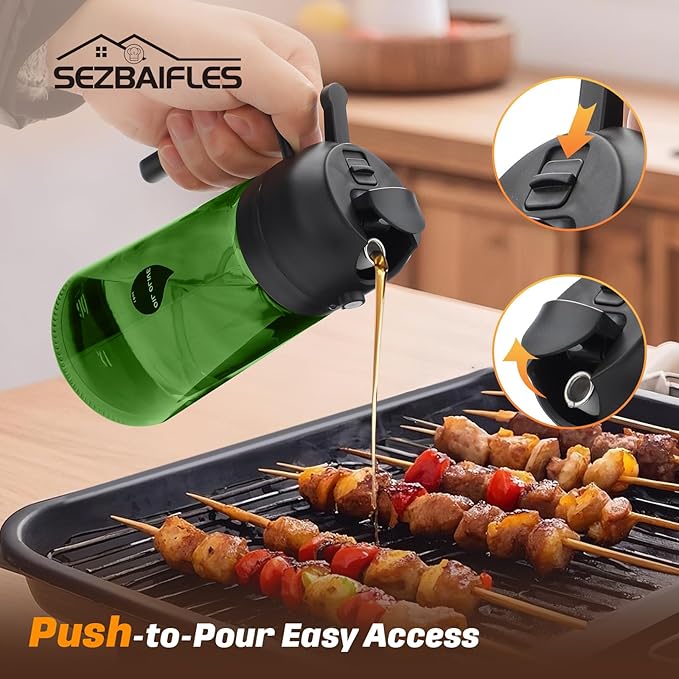 2 in 1 Oil Sprayer for Cooking, Olive Oil Dispenser Bottle for Kitchen Spray and Pour, 16oz/470ml Light-Blocking Dark Green Glass Bottle, Food-Grade Oil Mister for Air Fryer Green Cap