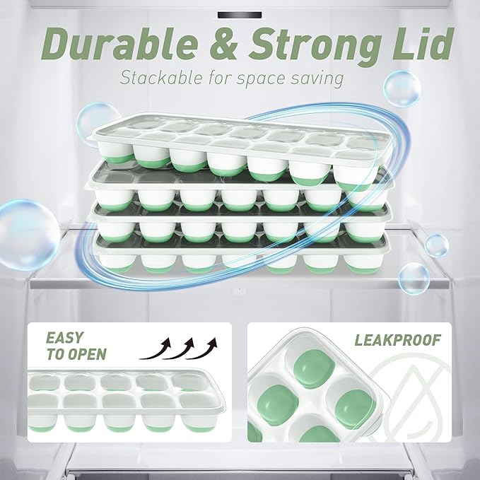 ChefAide Ice Cube Tray with Lid, 4 Packs 56 Cubes Durable Stackable Ice Cube Trays for Freezer with Removable Lids, Easy-Release Plastic & Silicone Ice Tray for Cocktail, Coffee