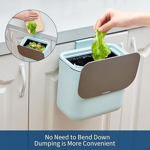 1.8 Gallon/7L Hanging Trash Can, with Stainless Steel Lid, Under Sink Compost Bin for Kitchen Cabinet Door, Garbage Can with Hanging Hook,Food Waste Bin for Kitchen, Bedroom, RV, Bathroom, Green