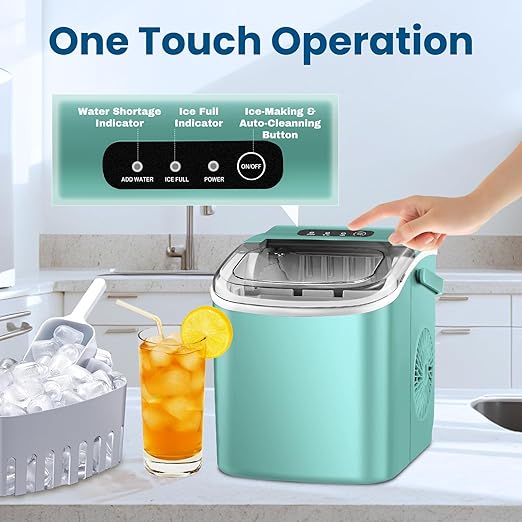 Ice Makers Countertop, Portable Ice Maker Machine with Carry Handle, 26Lbs/24H, Ice Machine Self-Cleaning with Basket and Scoop for Home Kitchen Party,Green
