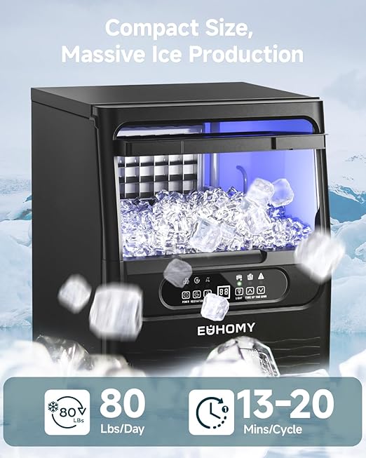 EUHOMY Commercial Ice Maker Machine,80lbs/24H,36 Ice Cubes in 8-12 Mins,Under Counter Ice Maker with Water Filter,12lbs Storage Capacity,Freestanding Ice Machine for Home/Bar/Cafe/Restaurant