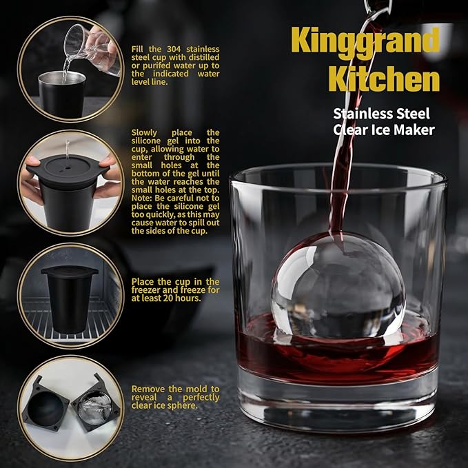 Clear Ice Cube Maker 2.5 Inch, Sphere Ice Ball Molds for Whiskey, Stainless Steel Clear Ice Mold with Non-BPA Silicone, Easy-Release Round Ice Cube Tray for Cocktails Bourbon, (4 Pack, Black)