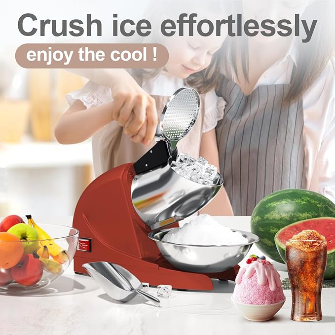 Shaved Ice Machine 380w Snow Cone Machine 3 Stainless Steel Blades Ice Shaver Machine Electric Ice Crusher 280lbs/hr Snow Cone Maker for Home and Commercial with Ice Pick(Red)