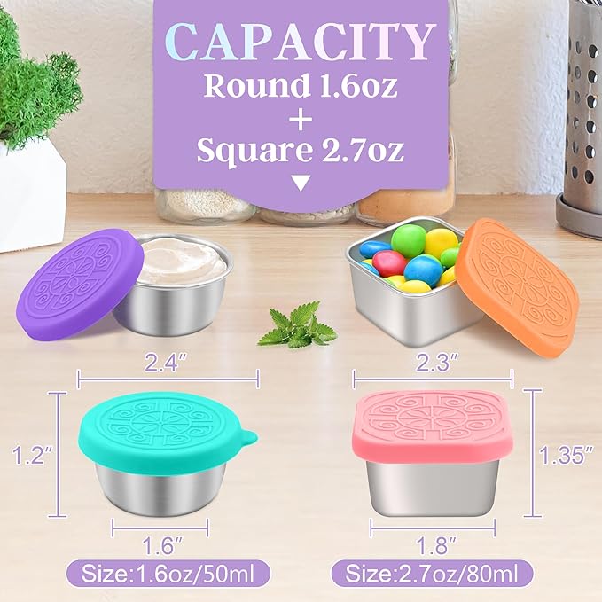 Qukaka 6 PCS Salad Dressing Container to Go,Handy Leakproof Stainless Steel Meal Prep Containers Reusable,Sauce Containers for Lunch Box, Picnics, Travel, Office and Kitchen Storage-1.6oz+2.7oz