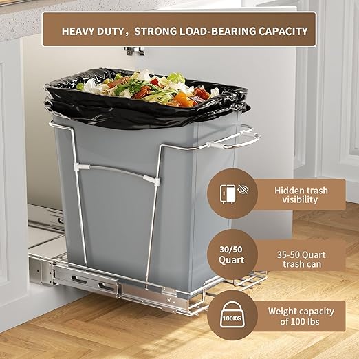 Pull Out Trash Can for Kitchen Cabinets, 35 Qt Under Sink Garbage Bin with Full Extension Slides, Fits 13" W x 18" D Opening Cabinets, Heavy-Duty Steel Organizer, Silvery (Trash Can Not Included)