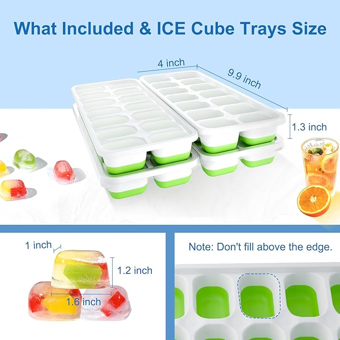 Ice Cube Tray, Ice Cube Trays for Freezer 4 Pack with Lids, Ice Tray Easy-Release, Ice Trays for Freezer Stackable, Silicone Ice Cube Tray for Drinks, Coffee - BPA-Free and Odor-Free（56 Cubes）