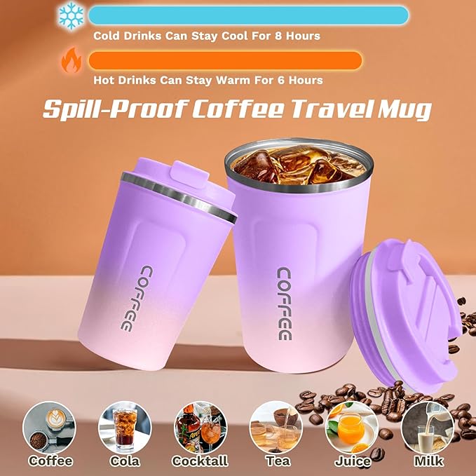 SPLMIFA Travel Coffee Mug Leak-Proof, Reusable Coffee Cups with Lid, Stainless Steel Vacuum Insulated Coffee Tumblers, Thermal Insulation Cup for Men and Women Hot & Cold Drinks(2nd-Purple Pink, 12OZ)