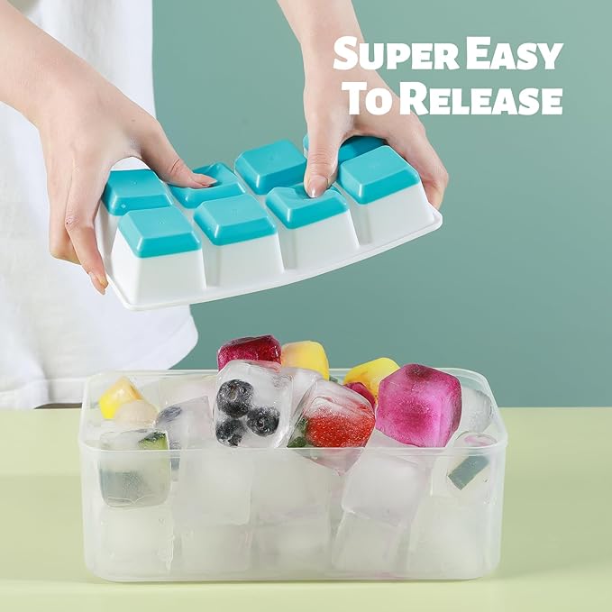 Ice Cube Trays 4 Pack, JRISBO Large Silicone Ice Cube Molds with Leak-Proof Lid, TPE Frame & Easy Release Bottom, Stackable Freezer Ice Trays for Whiskey, Cocktails, Soup, BPA Free