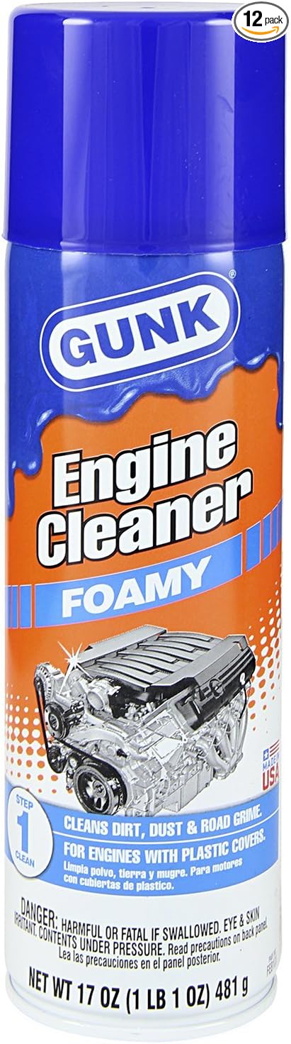 GUNK Engine Cleaner – 50 State Compliant Foamy Spray with Plastic Covers – Expanding Foam Quickly Removes Grease, Oil, Dirt & Road Grime - Clings to Surfaces for Easy Rinse – 17 oz (Case of 12)