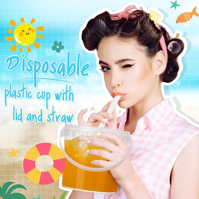 Funnymoom 50 Set 51oz Clear Plastic Drink Buckets with Lids and Straws Disposable Iced Coffee Cups Rum Buckets for Cocktail Parties Smoothie Cup Bulk with Handles for Beach Pool Party Supplies