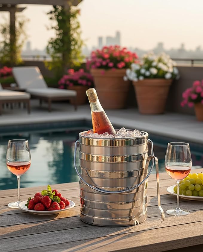 Made In USA Metallic Deco Collection Double Walled Insulated Ice Bucket With Ice Tongs (5-Quart, Silver Stripes)