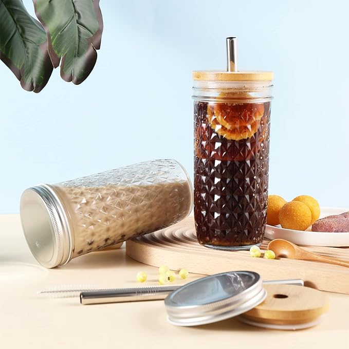 2 Pcs Glass Cups Set - 24oz Mason Jar Drinking Glasses with Bamboo Lids & Straws & 2 Airtight Lids, Cute Reusable Smoothie cup, Iced Coffee Glasses, Travel Tumbler for Bubble Tea, Juice