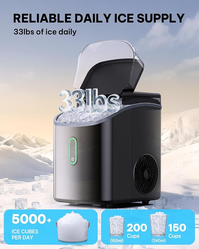 Silonn Nugget Ice Makers Countertop with Soft Chewable Ice, Portable Ice Machine with Crushed Ice, One-Click Operation Pebble Ice Maker with Self-Cleaning, 33lbs/24H for Home,Kitchen,Office