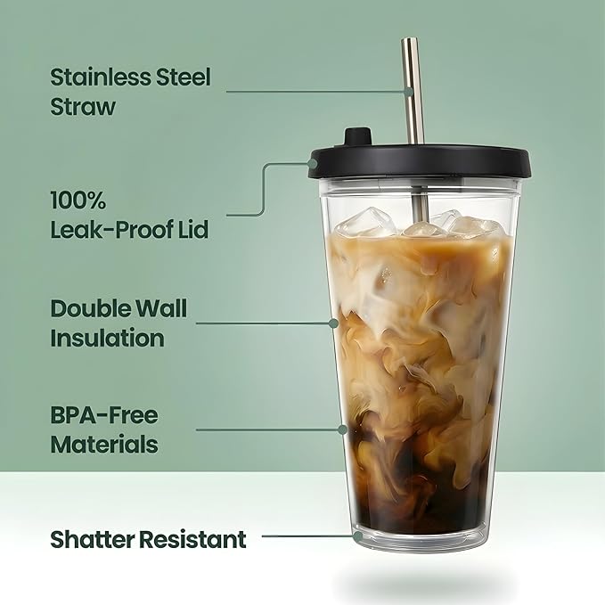 Kensal Home Reusable Iced Coffee Cup (24 Oz/Venti), Leak Proof and Double Wall Insulated Iced Coffee Tumbler, Come with Reusable Plastic and Metal Straws and Straw Cleaner - Black