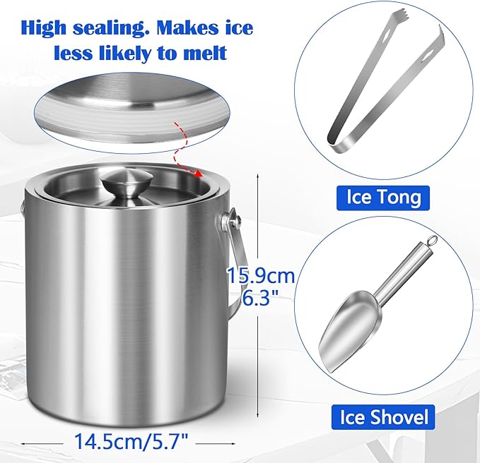 Ice Bucket with Lid & Tong- Well Made Insulated Stainless Steel Keep Ice Frozen Longer - Ideal for Cocktail Bar, Parties, Chilling Wine, Champagne - 2 Liter (Stainless Steel)