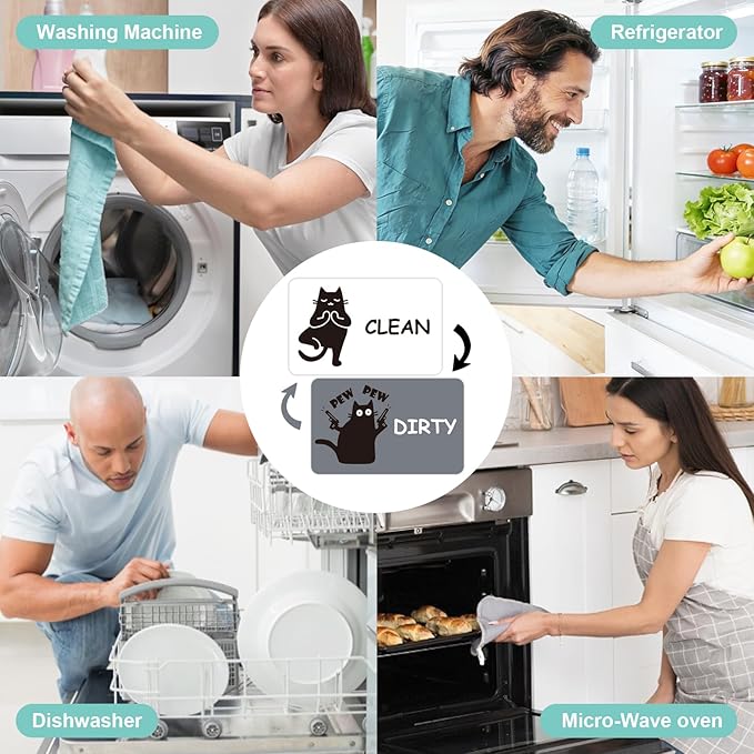 Funny Black Cat Clean Dirty Dishwasher Magnet - Cute Refrigerator Kitchen Magnet, Non-Scratch Strong Double Sided Washing Machine Sign, Housewarming Gifts for Cat Lovers, Home Apartment Essentials (White&Gray)