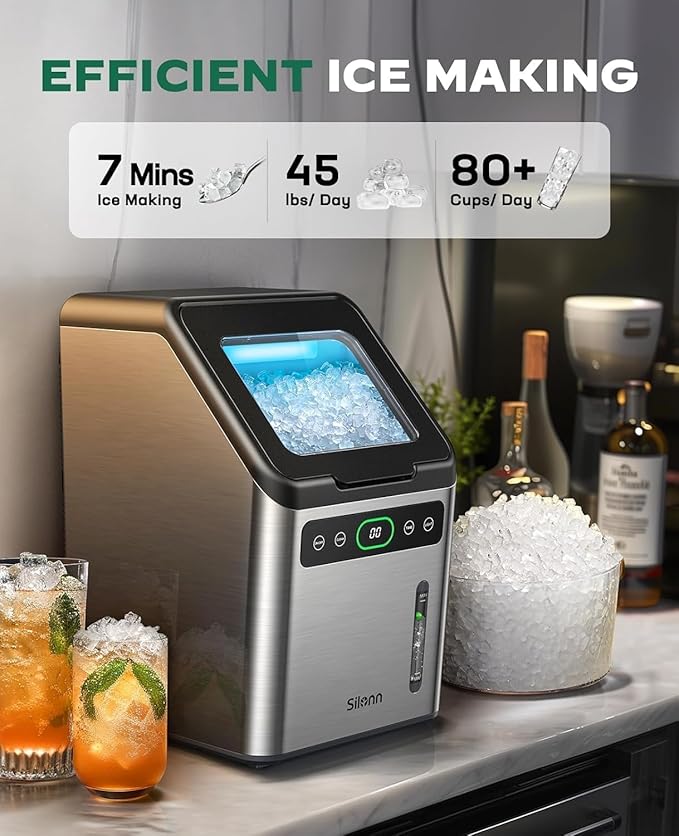 Silonn Nugget Ice Maker Countertop - 44lbs/Day Soft Chewable Pebble Ice, Self-Cleaning One-Click Operation, Stainless Steel