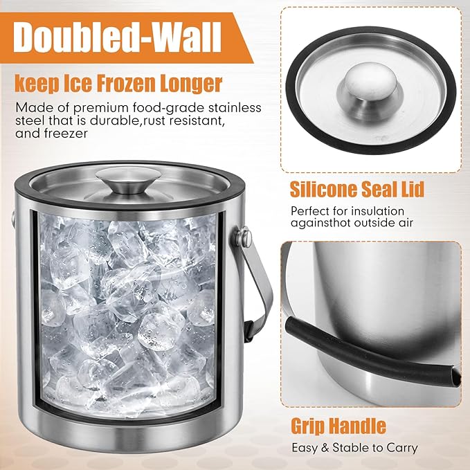 2 Pcs 3l/3.17qt Insulated Ice Bucket with Silicone Lid, Scoop, Tongs Strainer Stainless Steel Double Wall Insulated Ice Buckets for Parties Cocktail Bar, Outdoor Champagne Container Bin