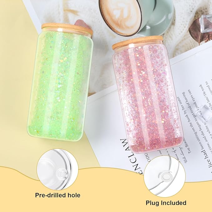 16 Oz Snow Globe Tumbler, 6 Pack Pre-Drilled Sublimation Glass Cup For Glitter Snow Globe Diy, Double Wall Sublimation Glass Tumbler