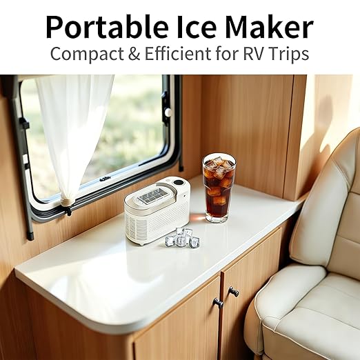 Portable Small Ice Maker, Mini Ice Cube Maker Countertop, 12V/AC Dual Power Quiet Compact Ice Machine with Clear Cover and Clip, for Home Kitchen, Camping RV, Dormitory, Office (White)