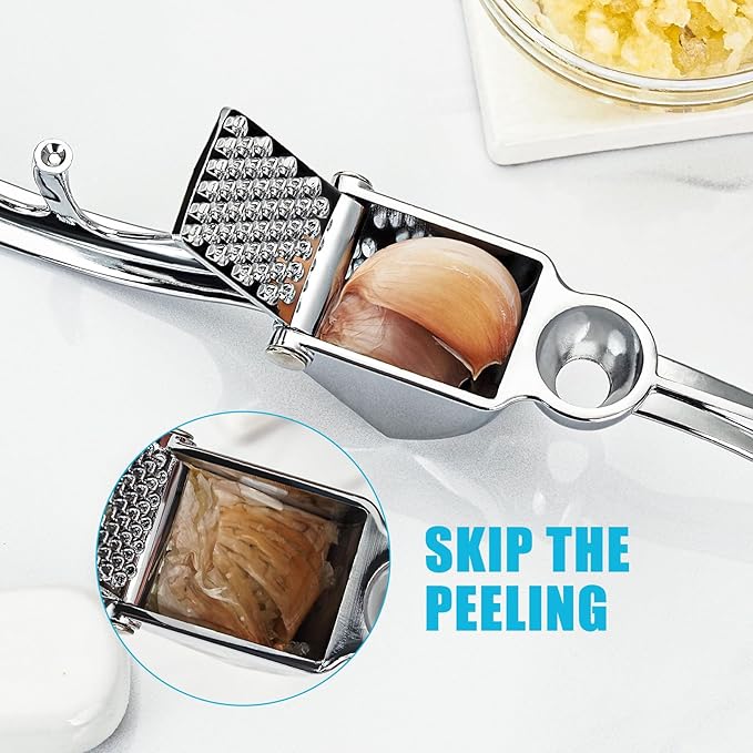 Garlic Press, Premium Kitchen Metal Garlic Crusher Masher Tool, Rust Proof & Dishwasher Safe, Heavy Duty Professional Garlic Mincer with Ergonomic Handle, Easy to Squeeze and Clean -Silver