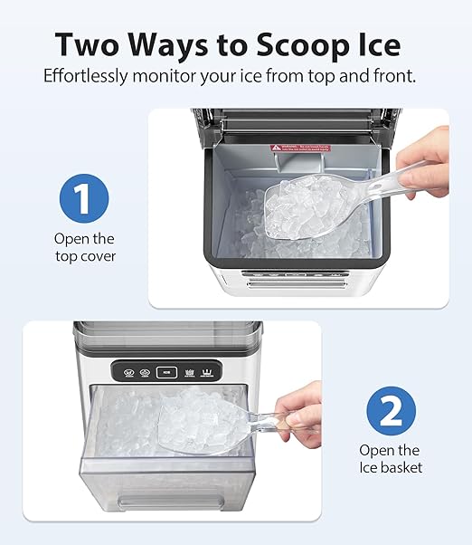 Nugget Ice Maker 40lbs/Day, Countertop Ice Maker Soft Chewable Ice, Ice Makers One-Click & Self-Cleaning, Crushed Pellet Ice Machine with Scoop&Basket for Home/Kitchen/Office, Stainless Silver