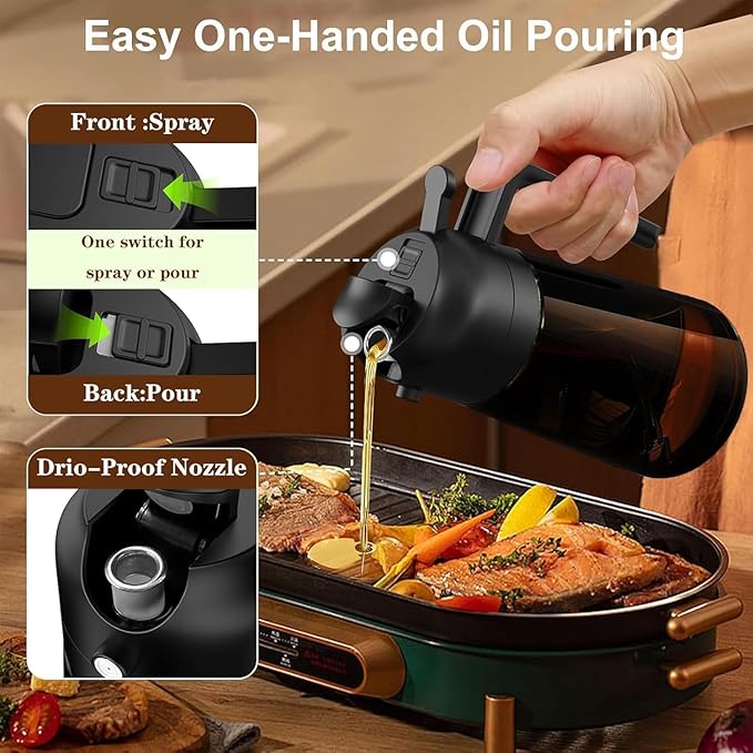 OURCABECUE Kitchen Upgraded Made Oil Sprayer for Cooking, Dark Brown 2 in 1 Spray and Pour Mist Olive Oil Dispenser 16oz 470ml Glass Oil Spray Bottle, Air Fryer (White + Black)