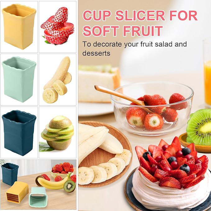 3 Pcs Cup Slicer with 3 Pcs Gap Cleaning Brushes Stainless Steel Strawberry Slicer Banana Slicers Fruit Slicer Fruit Cutters Multifunctional Soft Fruit and Vegetable Slice Fresh Platter Making