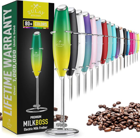 Zulay Kitchen Powerful Milk Frother Wand - Ultra Fast Handheld Drink Mixer - Electric Whisk Foam Maker for Coffee, Lattes, Cappuccino, Matcha & Creamer - Lemon Lime
