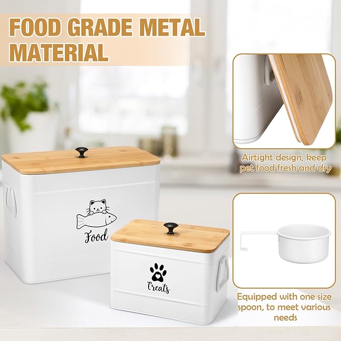 Reallnaive Extra Large Metal Cat Food Containers Airtight 12+3.5 lbs Cat Treat Snack Jars Set of 2 with Bamboo Lids and Spoons Farmhouse Big Pet Cookie Storage Jars for Kitchen Counter Gifts(White)