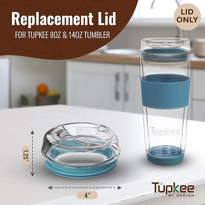 Tupkee Glass Sip Lid Niagara - Replacement Double Wall Glass Tumbler, 14oz & 8oz Hand Blown Travel Mug