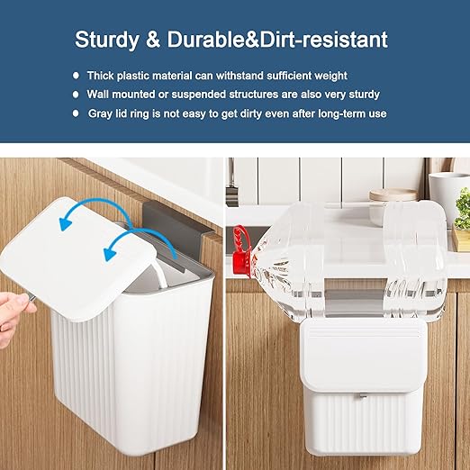 2.4 Gallon Kitchen Compost Bin for Counter Top or Under Sink, Hanging Small Kitchen Trash Can with Lid, Wall Mounted Waste Basket Bin Garbage Can for Bathroom (White)