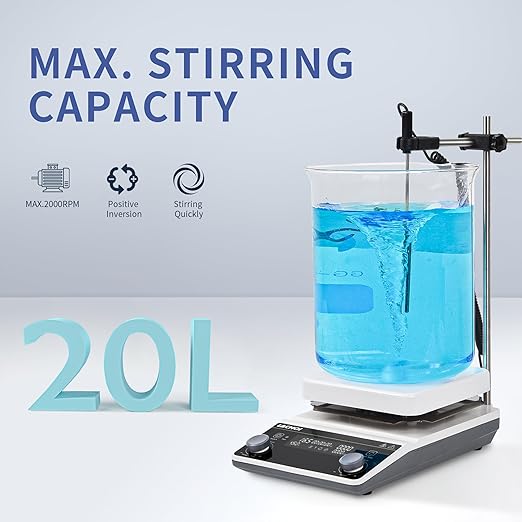 6.7 Inch Magnetic Stirrer Hot Plate Max 20L Stirring Capacity LCD Display Magnetic Stir Plate Max Temp. 350℃/662°F Hotplate Stirrer 2000RPM,Stir Bar&Temp Probe Sensor&Support Stand Included