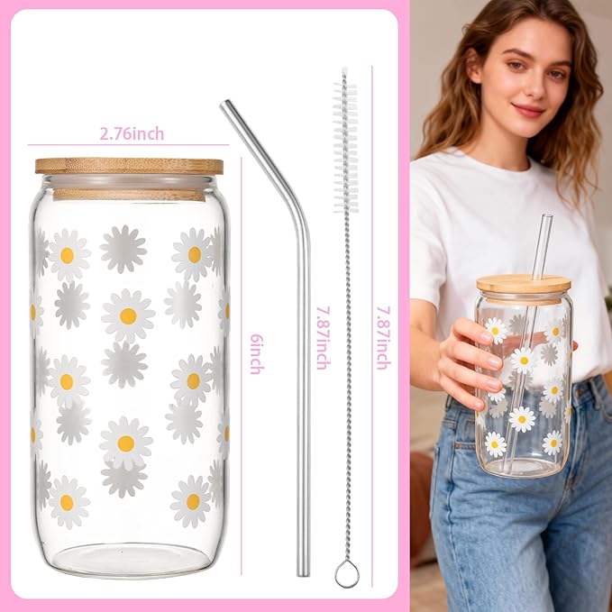 ANABIUP Cute Glass Cups with Lids and Straws, Daisy Flower Iced Coffee Smoothie Matcha Cup Tumbler Birthday Gifts for Women Sister Friend Her Preppy Teenage Girls Teen Girl Gifts Trendy Stuff Things