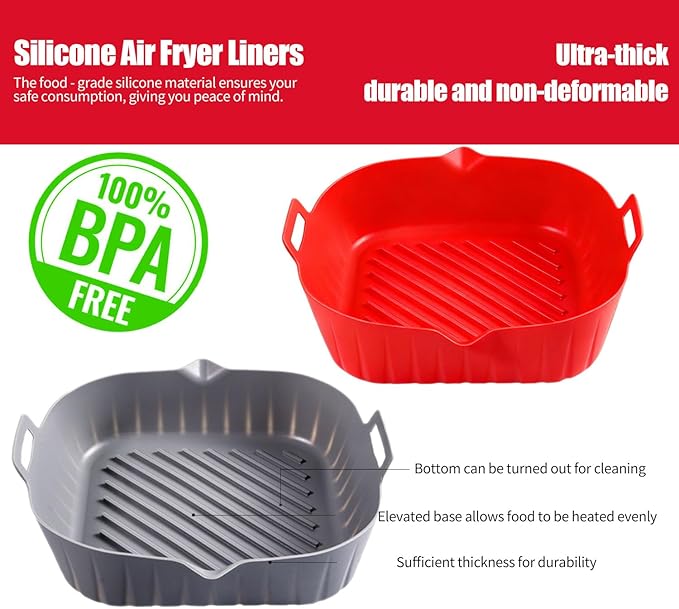 2 Pack Air Fryer Liners,8.2 Inch Silicone Airfryer Liners,Air Fryer Accessories,Reusable Baking Tray Oven Accessories,Replacement of Flammable Parchment Paper,Thickened(RED&GREY)