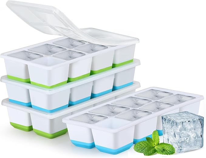 Ice Cube Trays 4 Pack, JRISBO Large Silicone Ice Cube Molds with Leak-Proof Lid, TPE Frame & Easy Release Bottom, Stackable Freezer Ice Trays for Whiskey, Cocktails, Soup, BPA Free