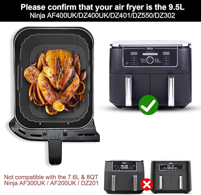 10QT Large Thickened Silicone Air Fryer Liners 2 Pack for Ninja Foodi Dual Zone DZ550 DZ401 DZ550GY DZ302, Reusable 2-Basket Trays, 6-in-1 DualZone Airfyer Accessories