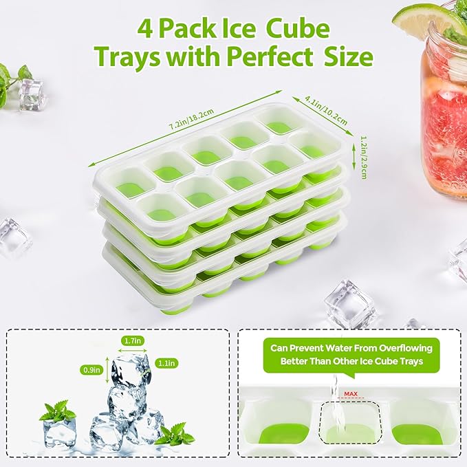DOQAUS Ice Cube Tray with Lids - 4 Pack Stackable Silicone Ice Trays for Freezer, BPA & LFGB Safe, Easy Release for Kitchen, RV, Cocktail, Coffee, Soup & Food