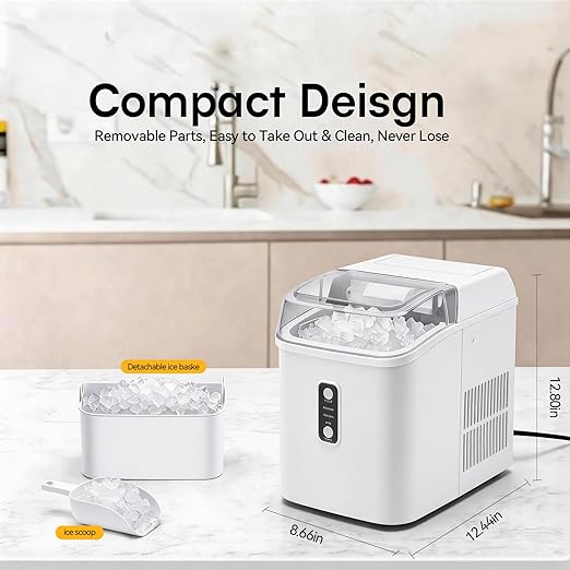 Nugget Ice Maker Countertop, Portable Ice Makers Machine with Removable Basket and Scoop, Self-Cleaning, Quiet, 6-Min Ready, 24lbs in 24Hrs, Visible, for Home, Party, RV, Camping, White