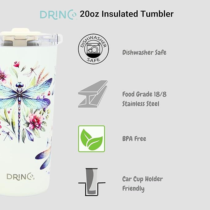 Drinco - 20 oz Stainless Steel Tumbler | Double Walled Vacuum Insulated Mug With Lid, 2 Straws, For Hot & Cold Drinks (20oz Dragonfly)