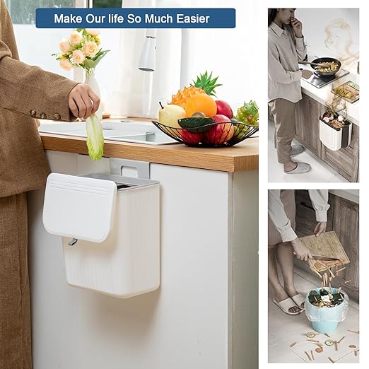 2.4 Gallon Kitchen Compost Bin for Counter Top or Under Sink, Hanging Small Kitchen Trash Can with Lid, Wall Mounted Waste Basket Bin Garbage Can for Bathroom (White)