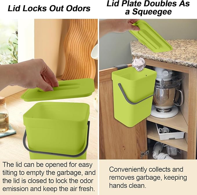 Compost Bin Kitchen, Includes 100 Trash Bags, Hanging Trash Can with Lid, Features Pet-Proof, Odor-Proof, and Quiet Opening/Closing. Suitable for Bathrooms/Bedrooms/Offices (Green, 0.8Gal/3L)