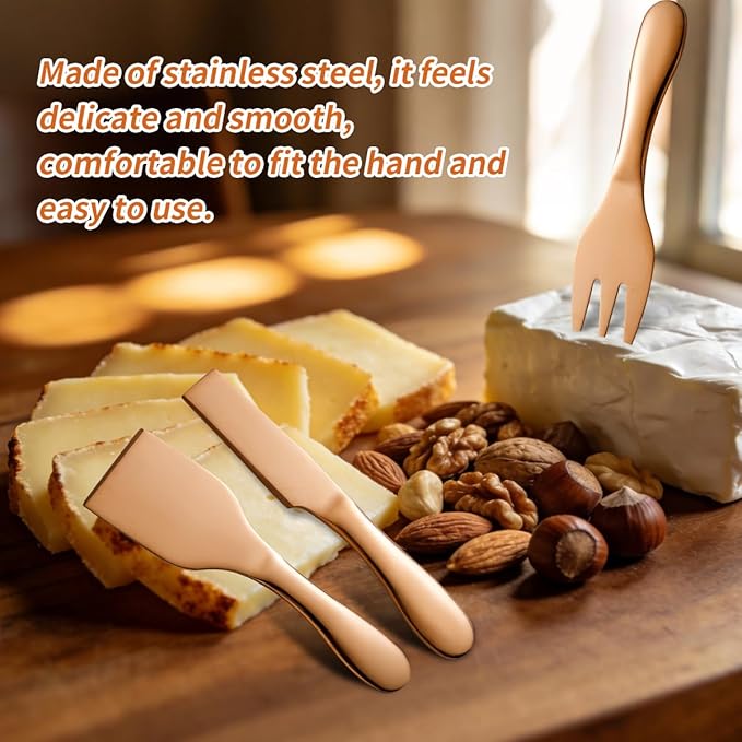 Copper Cheese Knives Set 7 Pieces Stainless Steel Kitchenware Utensils Gadgets 7 Pieces Cheese Knife,Cheese Spreader,Cheese Forks,Cheese Slicer,Cheese Cutter,Butter Knife