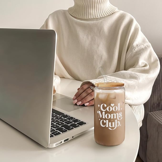 Mom Glass Can, Cool Mom Club Cup with Lid & Straw, Iced Coffee Aesthetic Cups, Idea Gift for Christmas Birthday Mother Day, Gifts for Women, 16oz