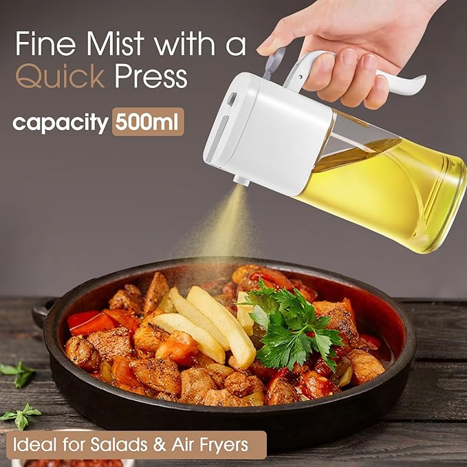 2-in-1 Olive Oil Sprayer Bottle & Dispenser, 16.9oz/500ml for Air Fryer, Salad, Cooking, BBQ - Oil Sprayer Bottle for Kitchen, Non-Stick Spray, Grill & Baking