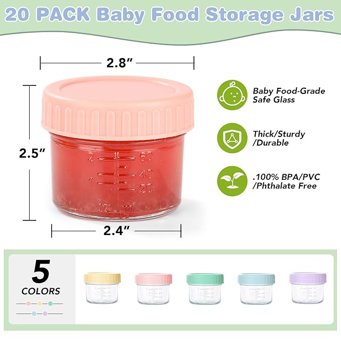RowinsyDD 20 Pack Glass Baby Food Storage Containers, 4 oz Leakproof Baby Food Jars with Lids, Small Glass Food Containers for Infant Baby, Freezer & Microwave Safe, BPA Free